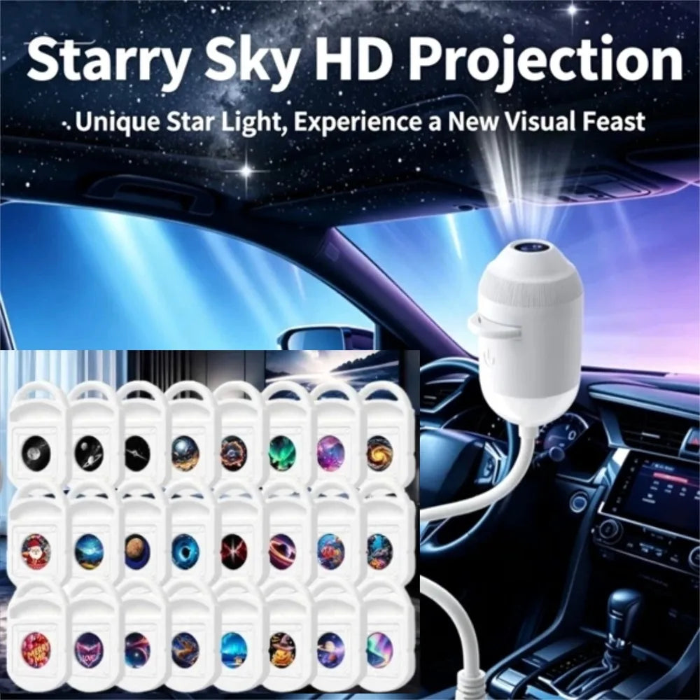 Car HD Smart Dynamic Holographic Night Light Projector USB Galaxy Projector 3/6/12/24 Projection Films Bedroom Night Sleep Light