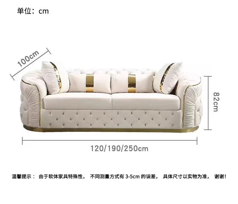 Luxury Chesterfield Sectional Sofa Set with Cloth Buttons and Fabric Modular Couch with Gold Stainless Steel Base, 3-seater Sofa