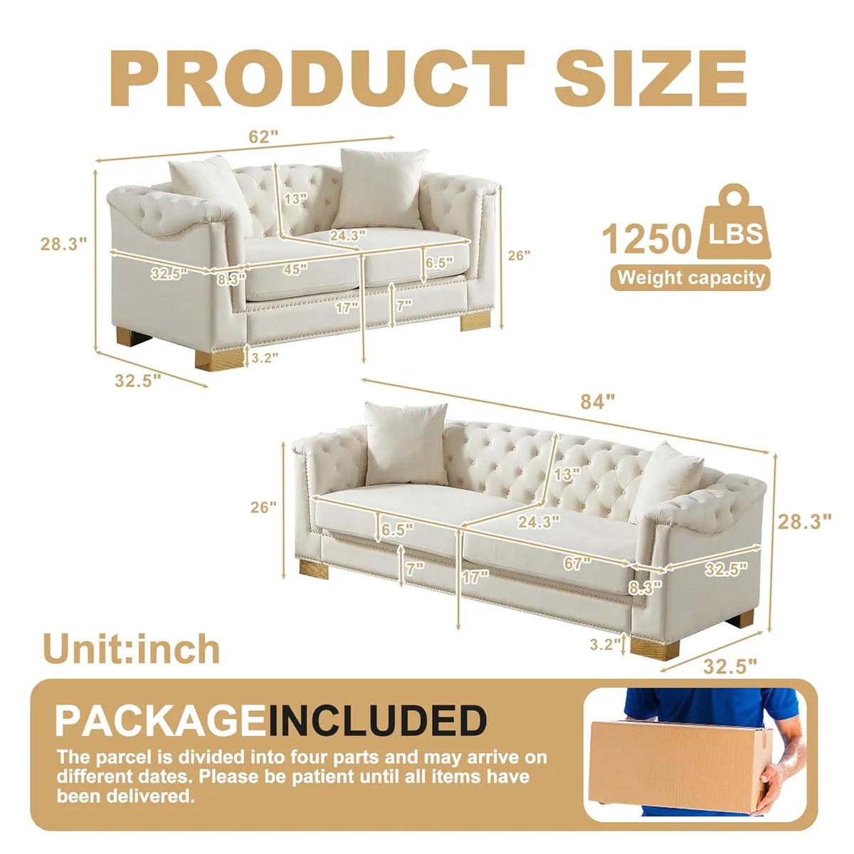 #2 Pieces 84" 3-Seater + 62" Loveseat Beige Velvet Sofa Sets, 4 Cushion Classic 6.5" Rolled Arm Modern, Customized