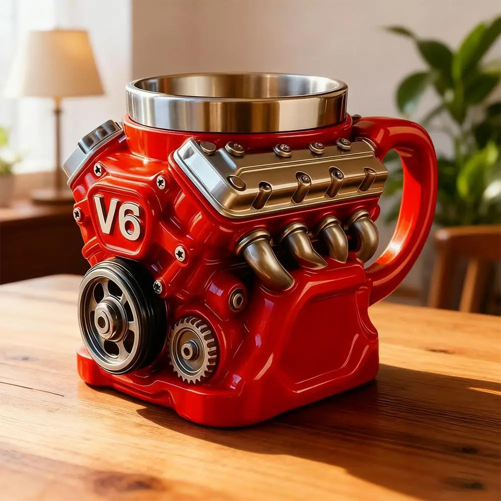 Retro V8 Engine Stainless Steel 3D Coffee Mug Personalized Double Wall Insulation Car Mug With Handle Christmas Gifts Decor