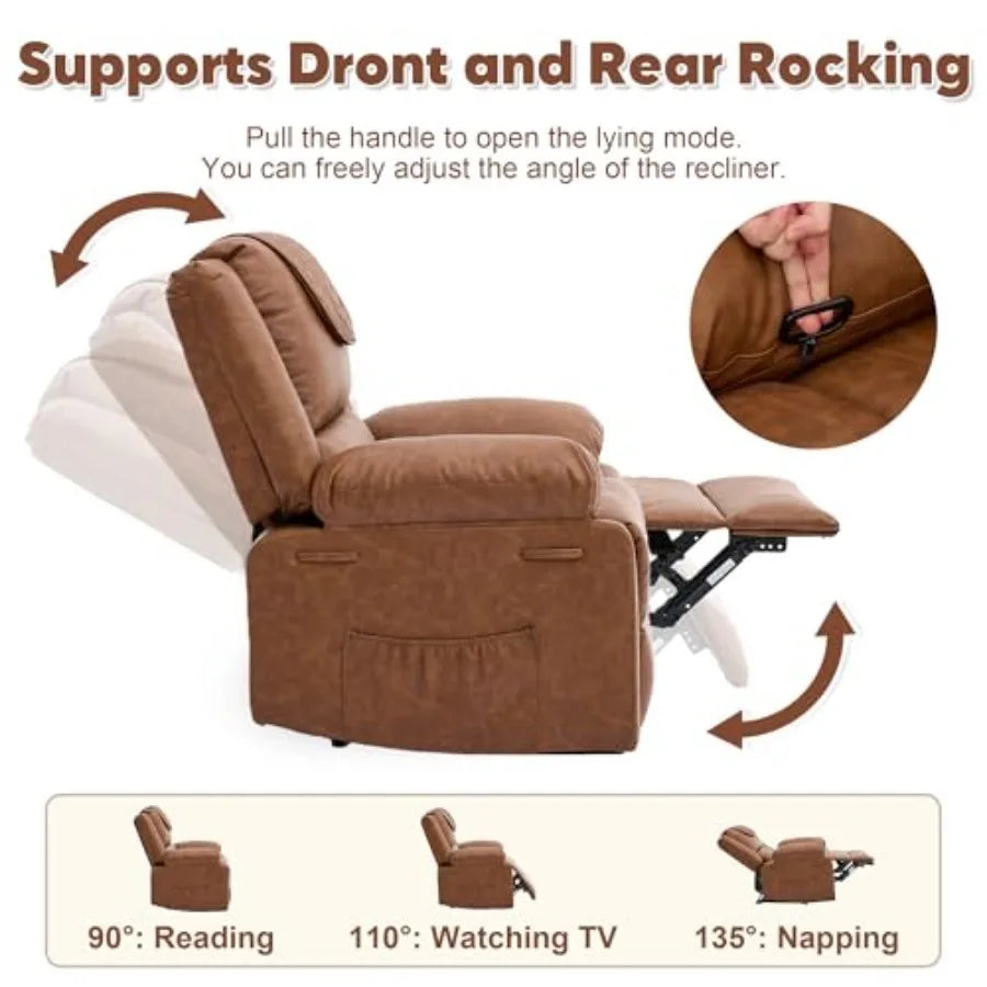 Adult Manual Recliner with Heating and Massage Functions 135° Front and Rear Adjustment - Equipped with Side Storage Pockets an