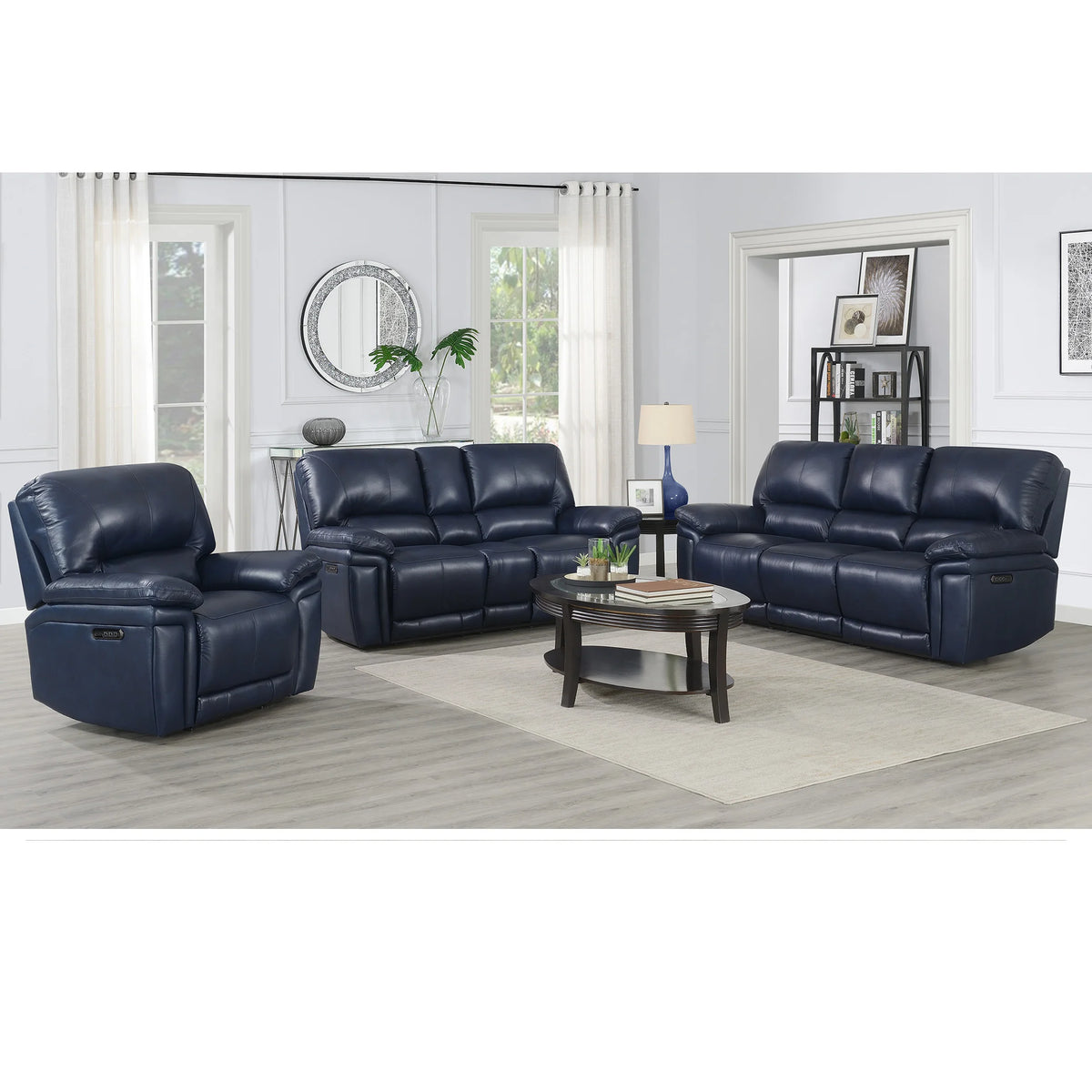 #Luxury Comfort Blue Grey Genuine Leather Extendable Power Reclining Living Room Sofa Set Furniture Modern Workshop