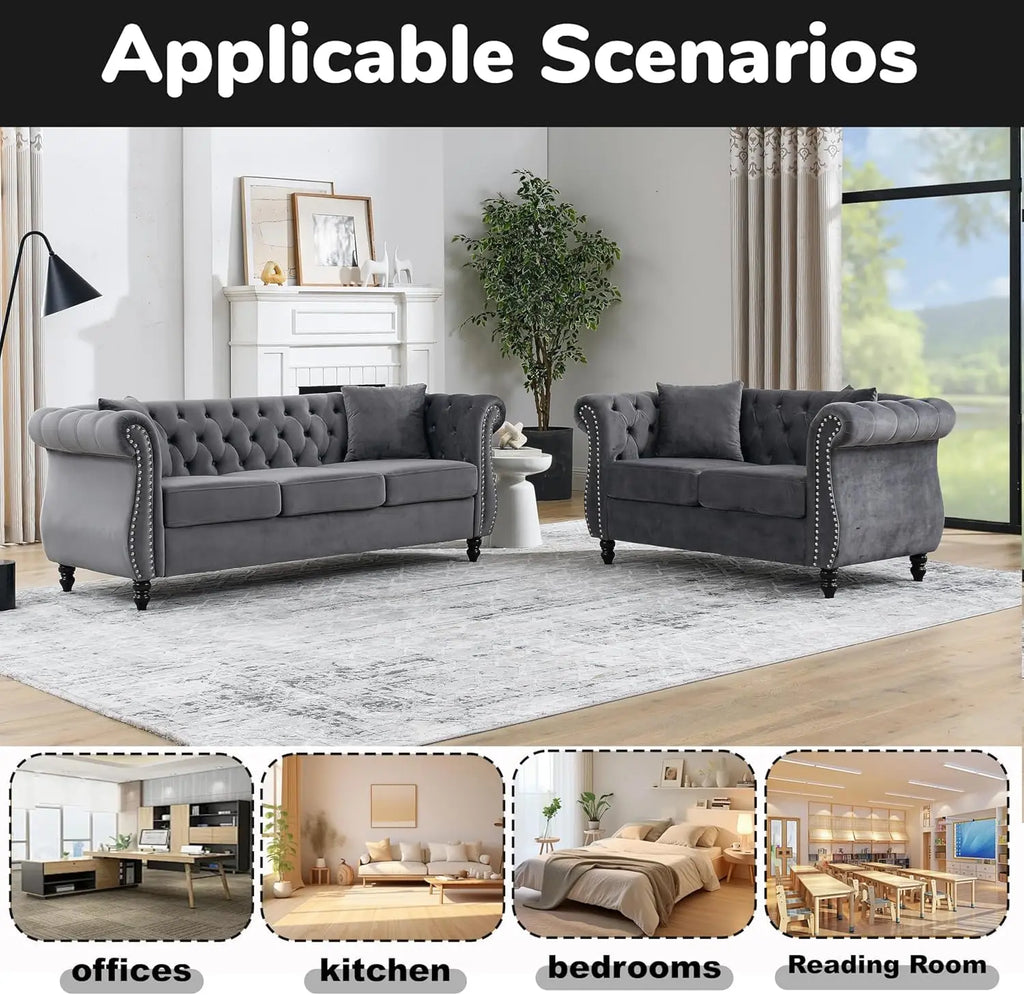 59" Chesterfield Loveseat Velvet Tufted Sofa with Rolled Arms & Nailhead for Living Room Bedroom Office, Grey, Customized