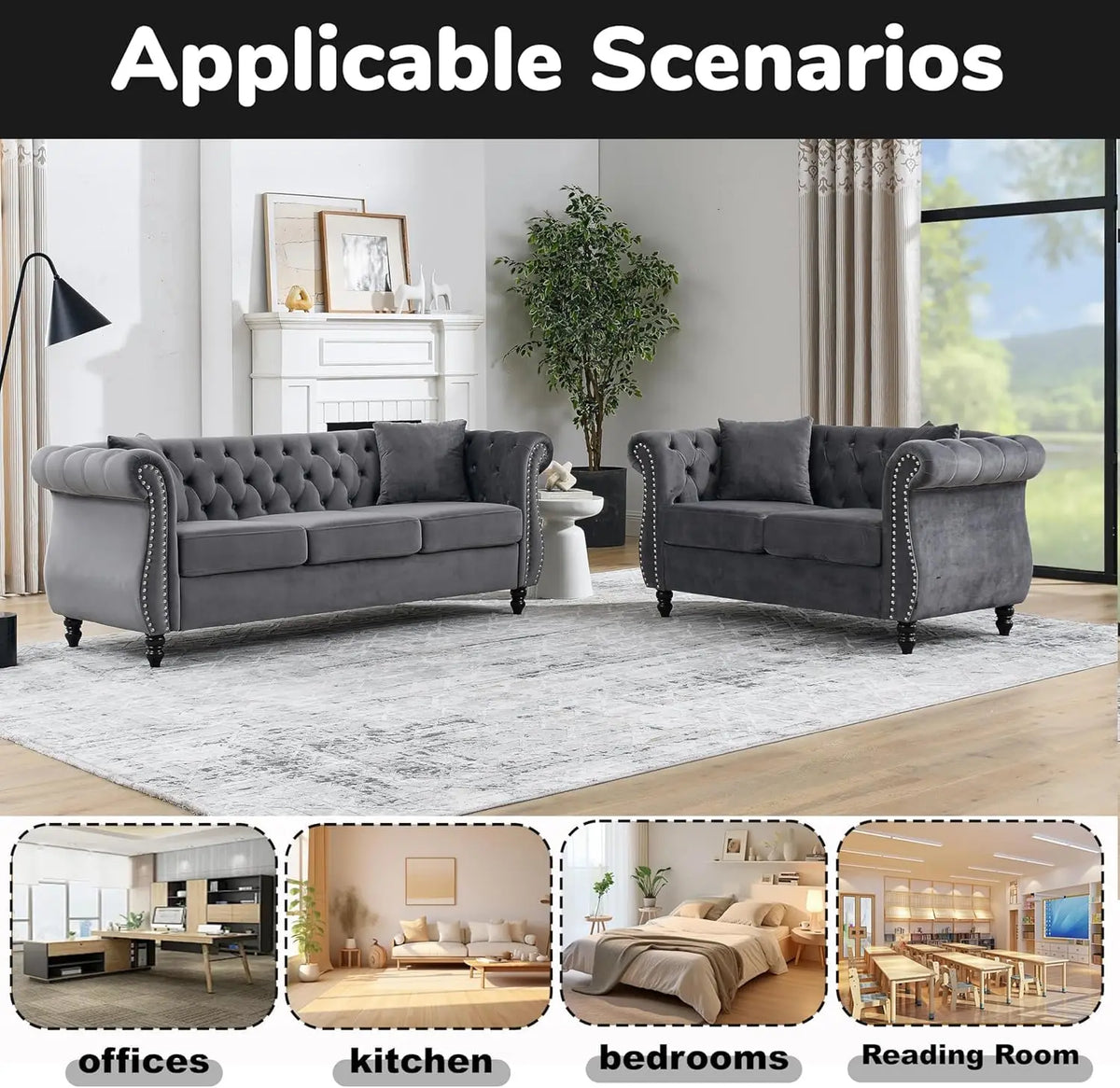 59" Chesterfield Loveseat Velvet Tufted Sofa with Rolled Arms & Nailhead for Living Room Bedroom Office, Grey, Customized