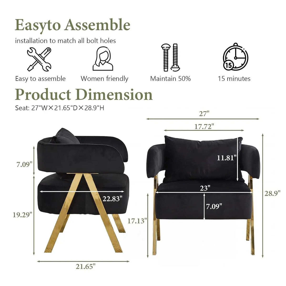Black Velvet Barrel Chair Set 2, Wide Seat Gold Legs Accent Armchair Living Room Bedroom Small Space, Customized