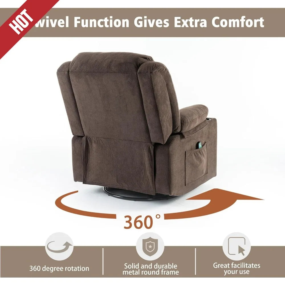 Swivel Recliner Chair with Massage Heat, Rocking Glider, Overstuffed Fabric Living Room Sofa