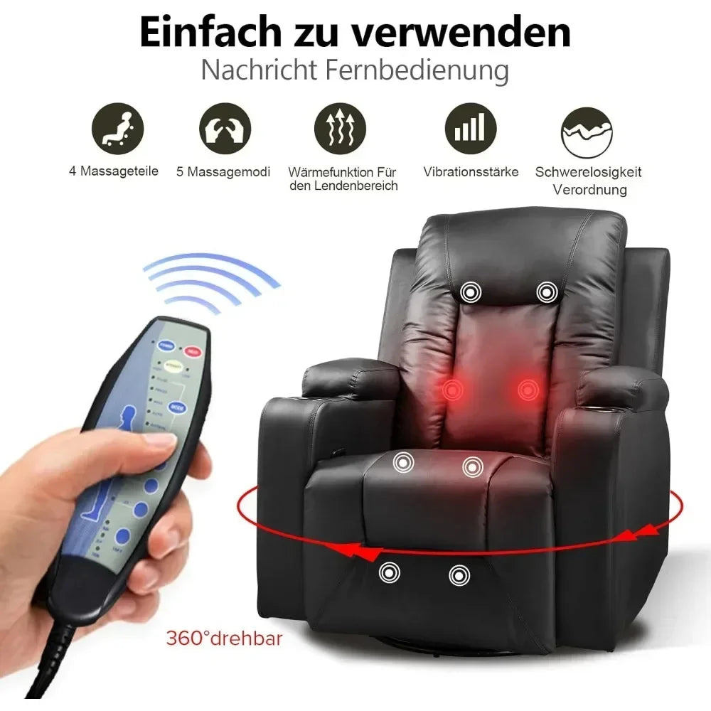 Leather Recliner Chair Modern Rocker with Heated Massage Ergonomic Lounge 360 Degree Swivel Single Sofa Seat with Drink Holders