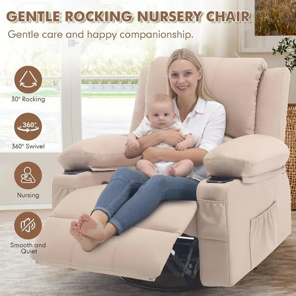 Leather Swivel Rocker Recliner with Heat Massage and Cup Holders, Plush Rocking Glider Chair with Heated Massaging Recline, Beig