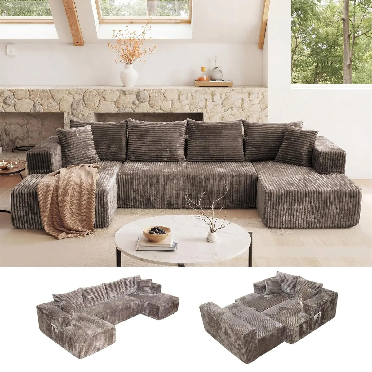 130'' U Shaped Sectional Couches for Living Room, Modular Boneless Cloud Sofa with 2 Chaise Lounges, 4-in-1, Customized