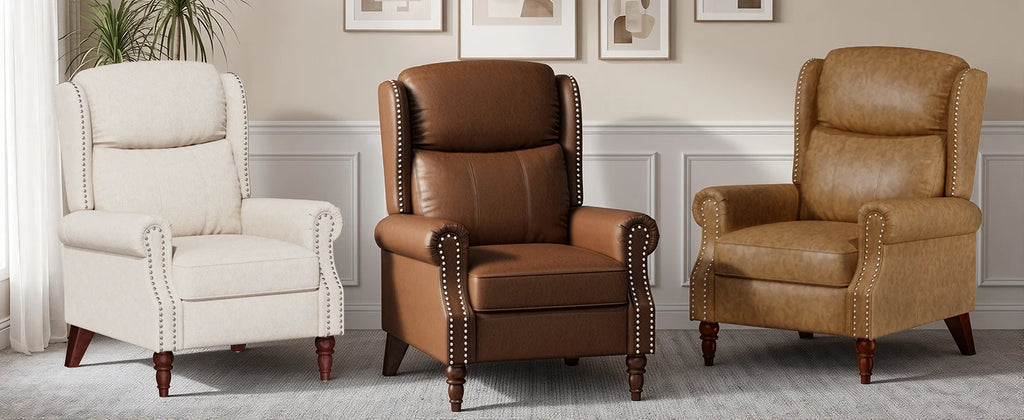 Pushback Recliner Chair Set of 2, Faux Leather/Chenille Wingback Accent Armchair
