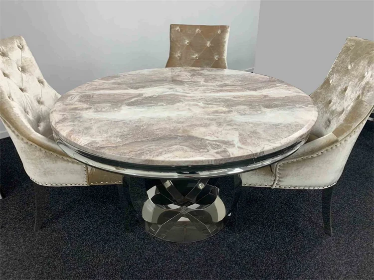 ！@Luxury Round Marble Dining Table Set 4 Chairs