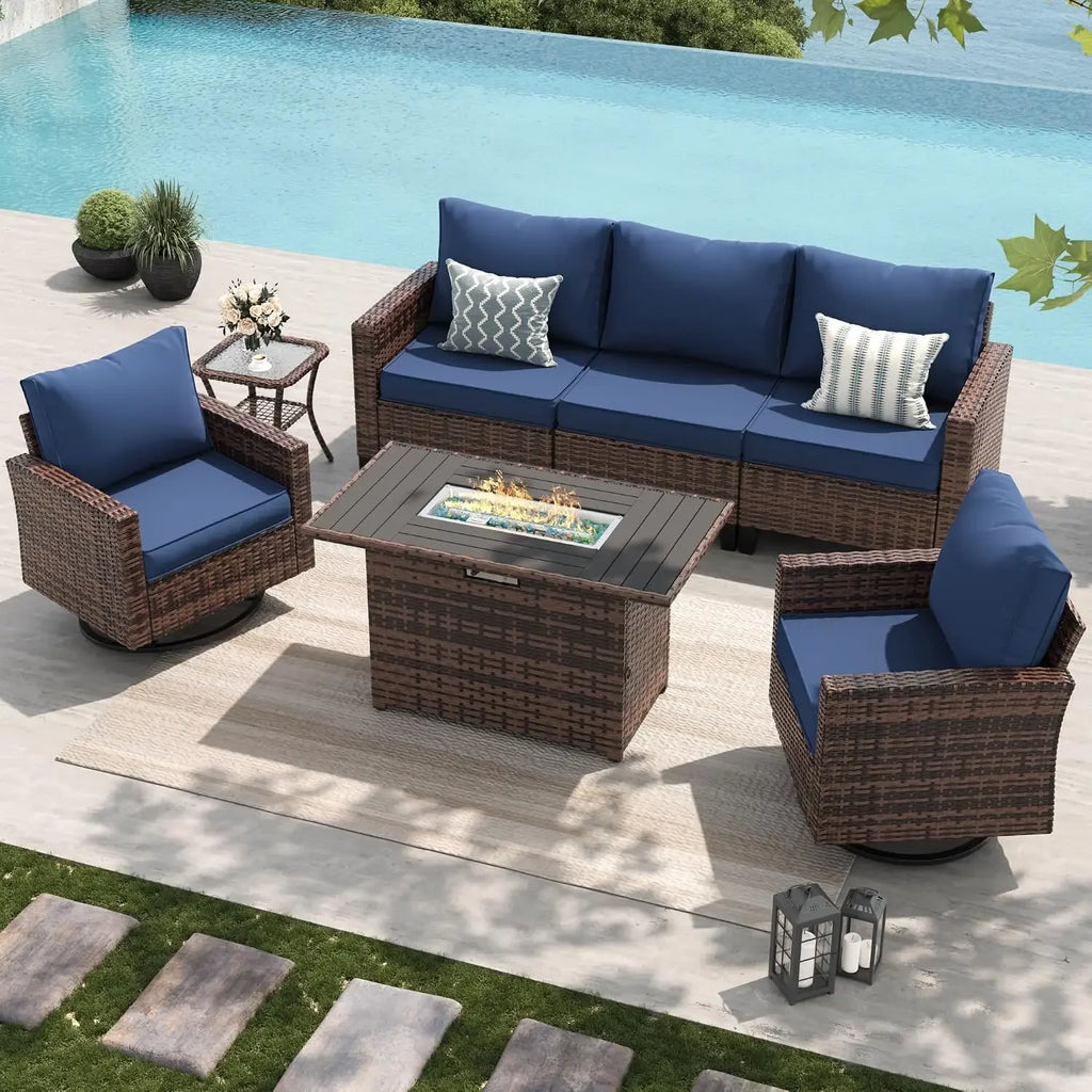 Amopatio Patio Furniture Set with Fire Pit Table, Wicker Outdoor Sectional Sofa with Swivel Rocker Chairs, All-Weather Rattan Co