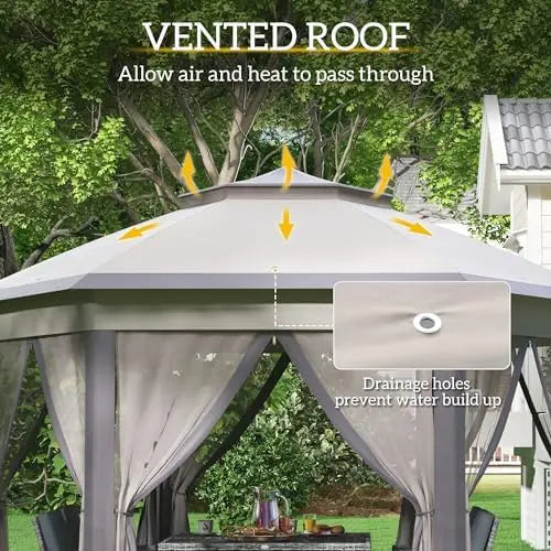 13' x 13' Pop Up Gazebo, Hexagonal Canopy Shelter with 6 Zippered Mesh Netting, Event Tent with Strong Steel Frame for
