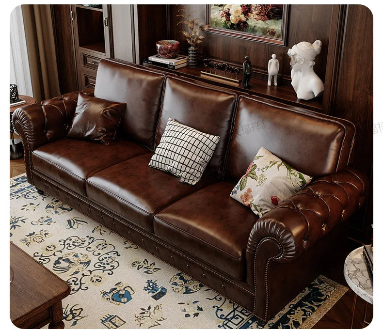 4-10 genuine leather sofa, living room 3-4 seater sectional, vintage oil wax leather brown straight sofa