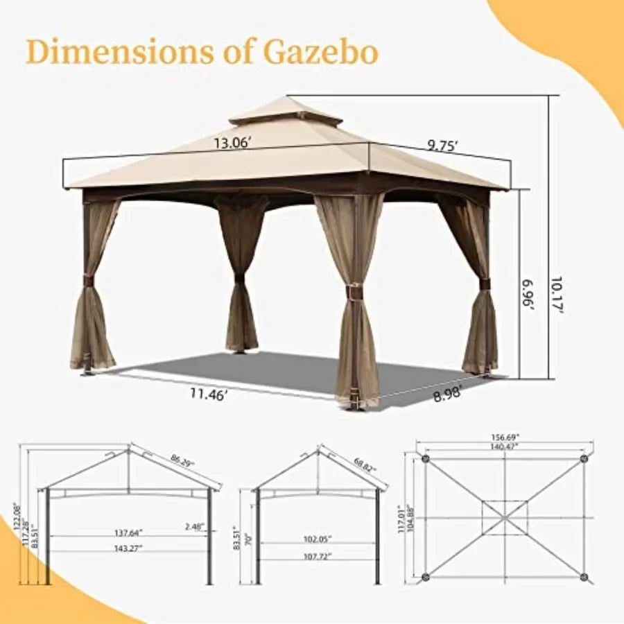 Domi 10' x 13' Outdoor  with Mosquito Netting Double Roof t Top Gazebo Pergola Metal Fe Patio Shelter for Deck Backyard Garden