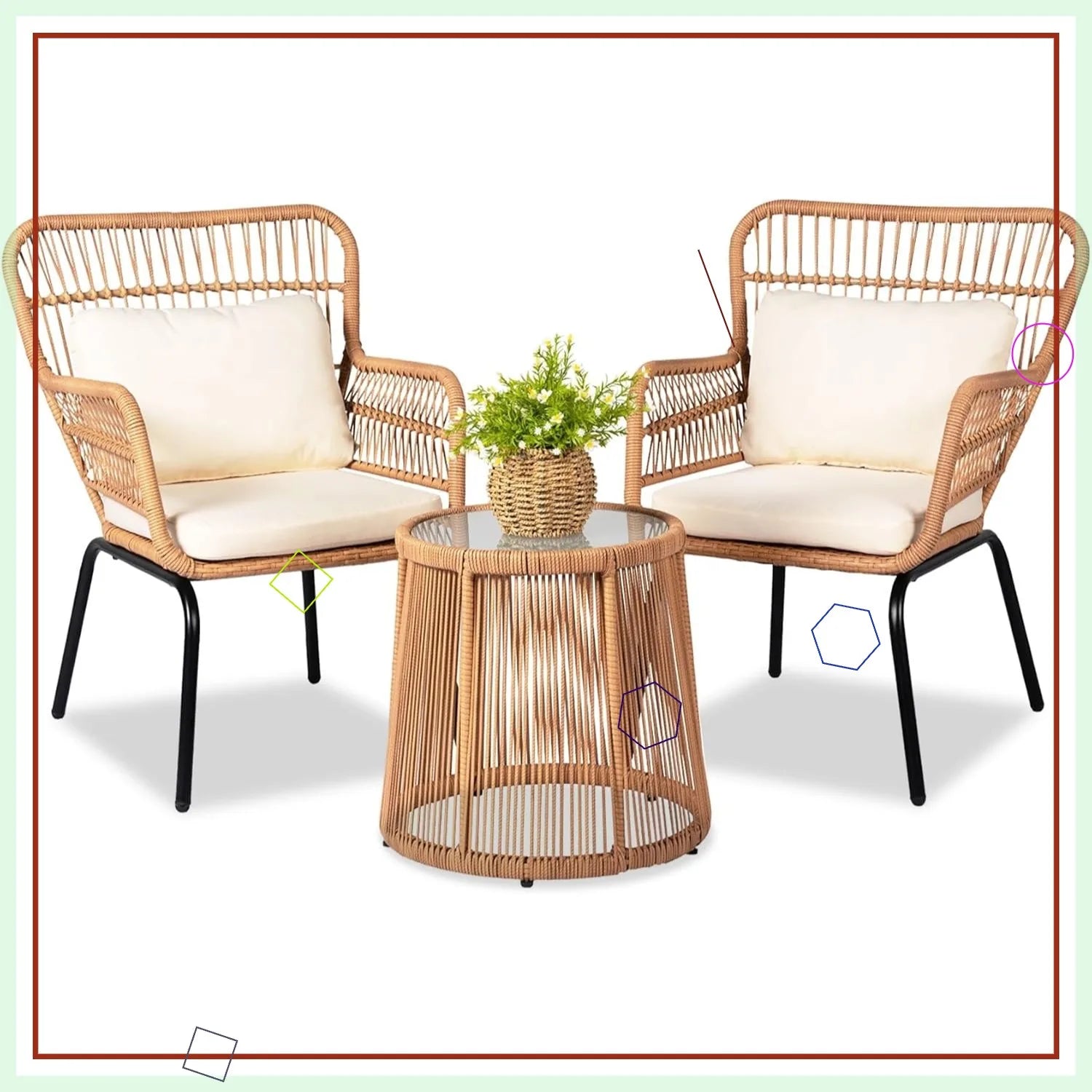 3 Piece Outdoor Wicker Furniture Set, Rattan Chairs and Table for Balcony Poolside Backyard, Yellow/Beige Patio Bistro