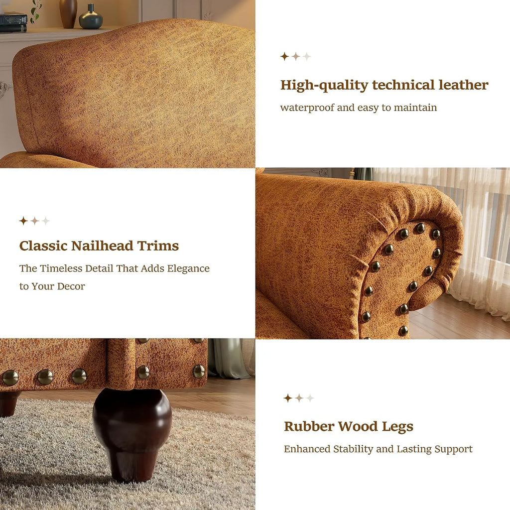 Faux Leather Accent Chairs Set of 2 with Rivet Design, Living Room Arm Chair with Rolled Arms and Nailhead, Large, Customized