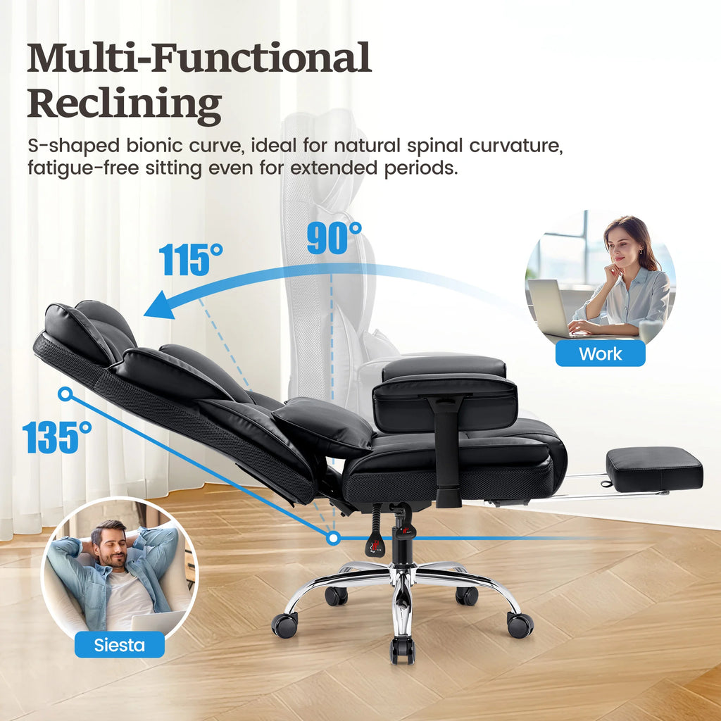 KERDOM Big and Tall Gaming Chair 500lbs Wide Seat and Footrest, Ergonomic Chair with Pocket Spring Cushion and Armrest, Metal Base & Quiet Rubber Wheels, Leather Office Chair with Adjustment Headrest and Lumbar Support for Lo