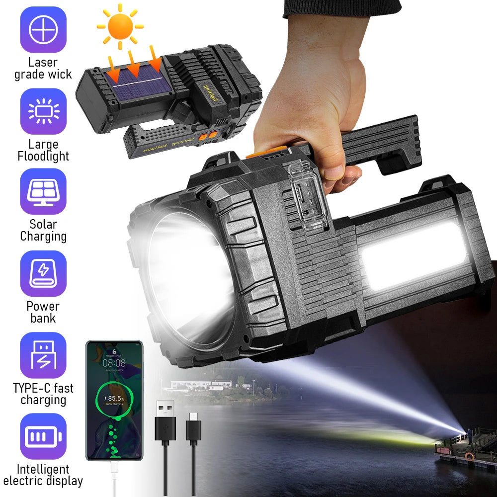 Solar Rechargeable Handheld Spotlight Flashlight LED Searchlight with COB Side Light 6 Modes Dimmable Torch Power Bank Type-C Fast Charging Waterproof Outdoor Camping Emergency Lamp Support Tripod Mount