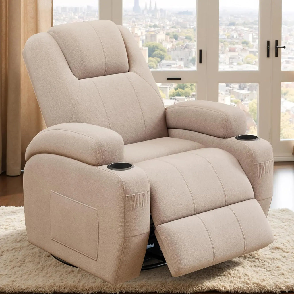 #Swivel Rocker Recliner Chair Vibration Massage 360° Ergonomic Lounge Cup Holders Leather Brown, Customized