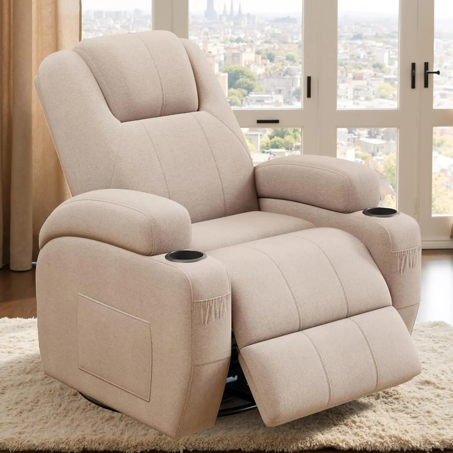 #Swivel Rocker Recliner Chair Vibration Massage 360° Ergonomic Lounge Cup Holders Leather Brown, Customized