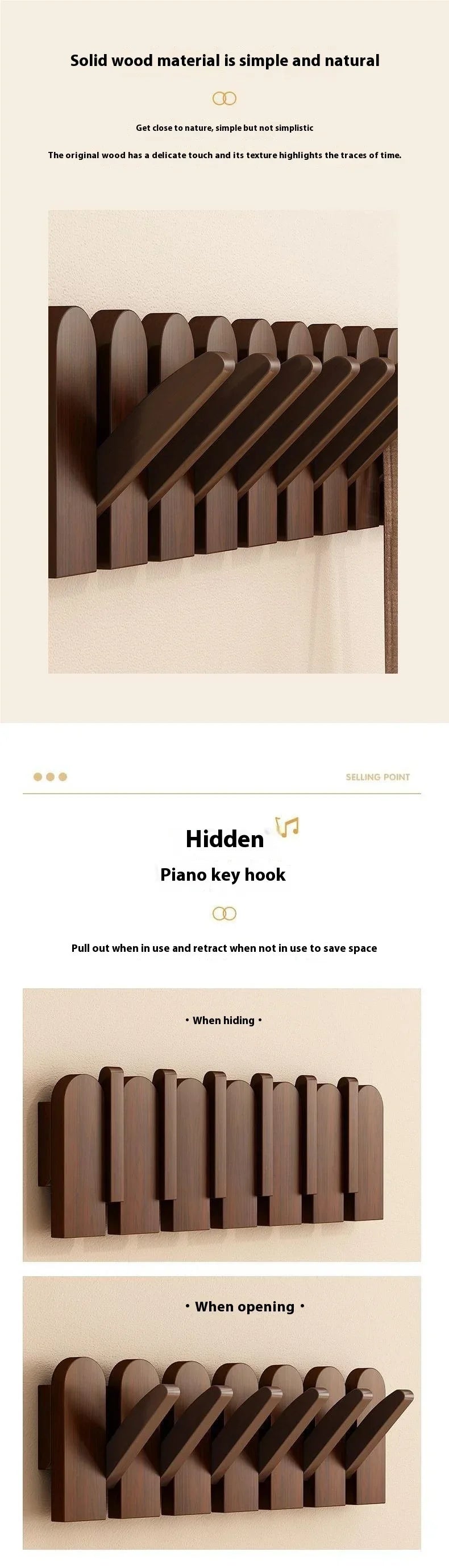 Wooden Piano Key Coat Hooks - Wall Mounted Entryway Hangers for Door & Foyer - Creative Wooden Wall Organizer for Keys & Clothes