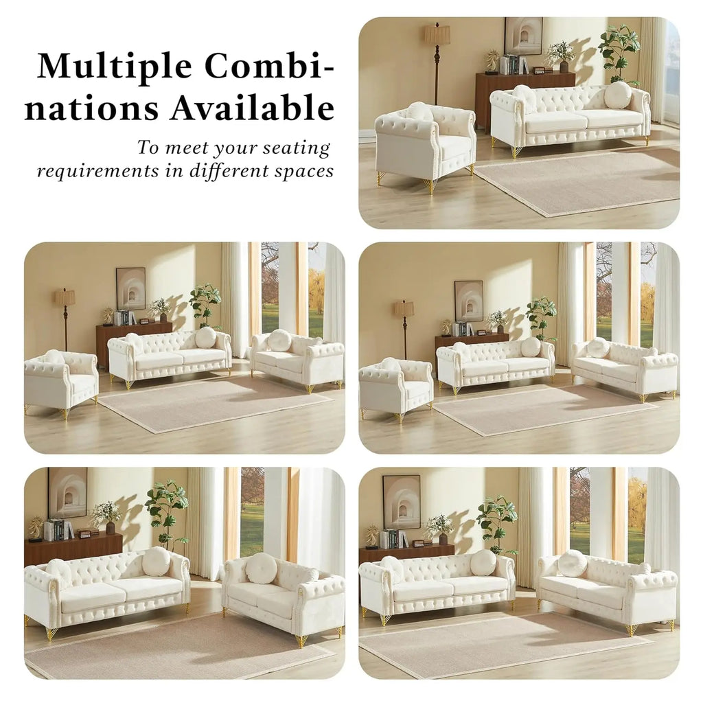 82" Beige 3-Seater Velvet Sofa with Pillows & Copper Studs, Living Room Furniture, Customized