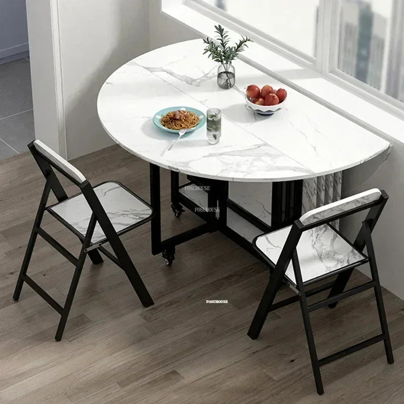 Home Folding Dining Table Set with Chairs Mobile Round Furniture Modern Kitchen Living Room Light Luxury Simple Portable