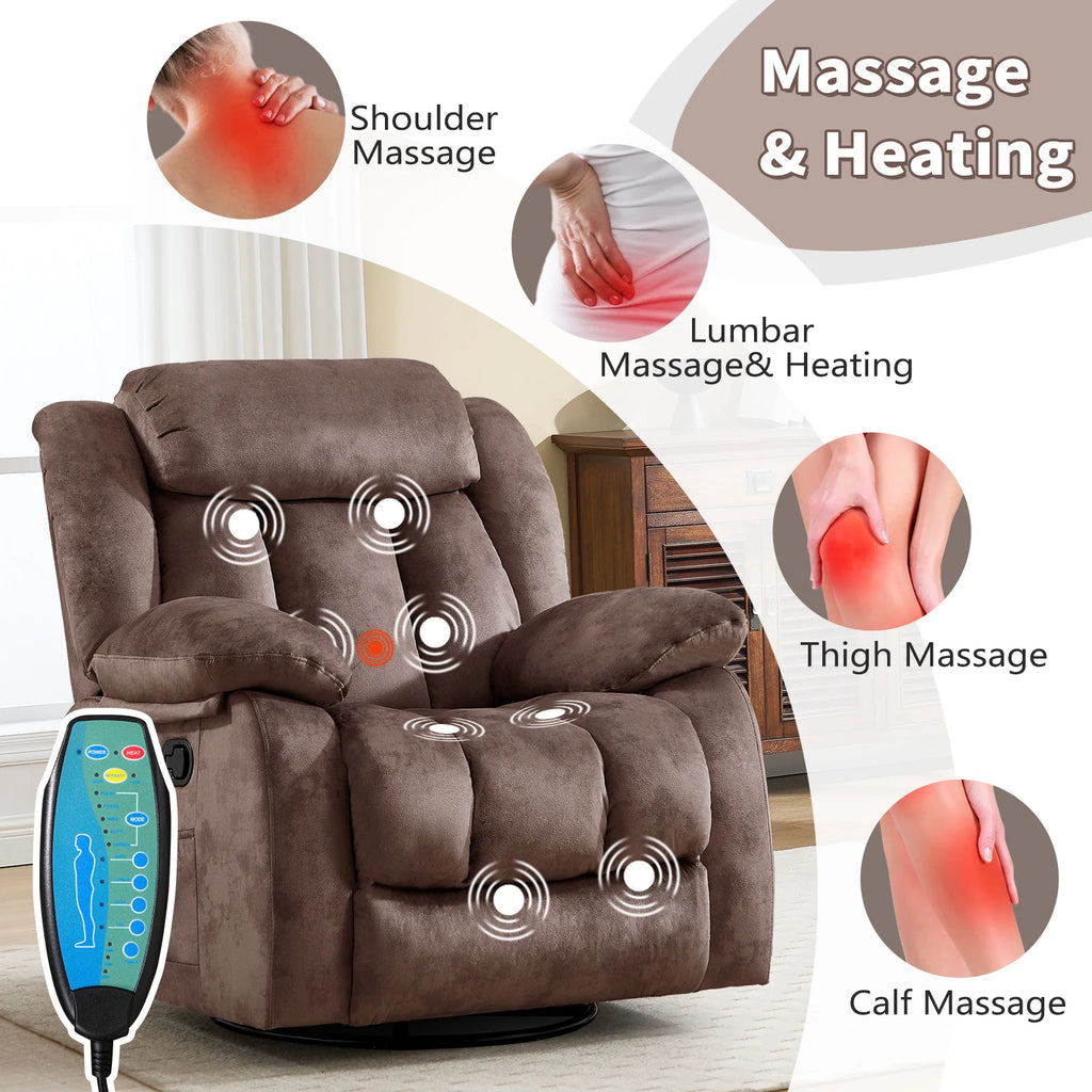 Massage Rocker Recliner with Heat and Vibration, 360 Degree Swivel Manual Antiskid Fabric Single Sofa Heavy Duty Reclining Chair for Living Room