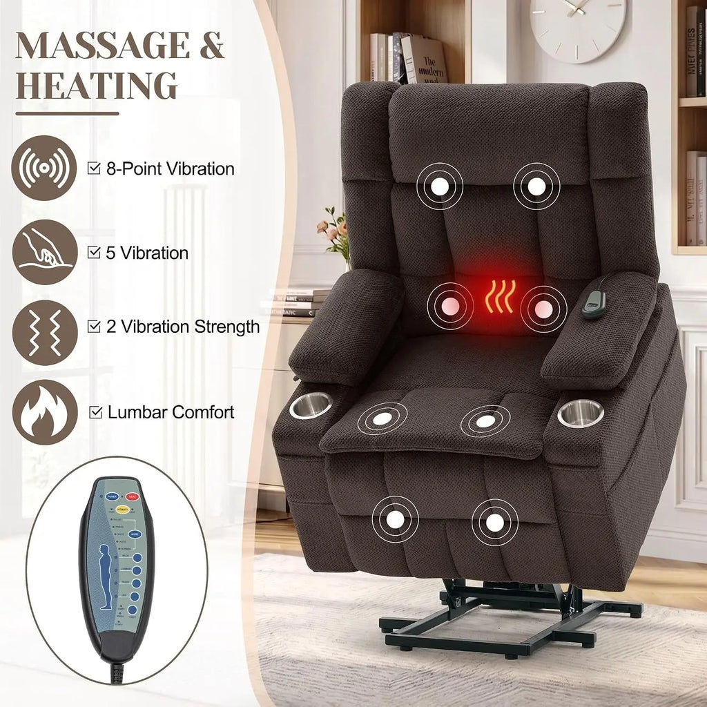 Power Lift Recliner with Massage & Heat, Electric Chair with Cup Holders & Pockets for Living Room, Brown, Customized