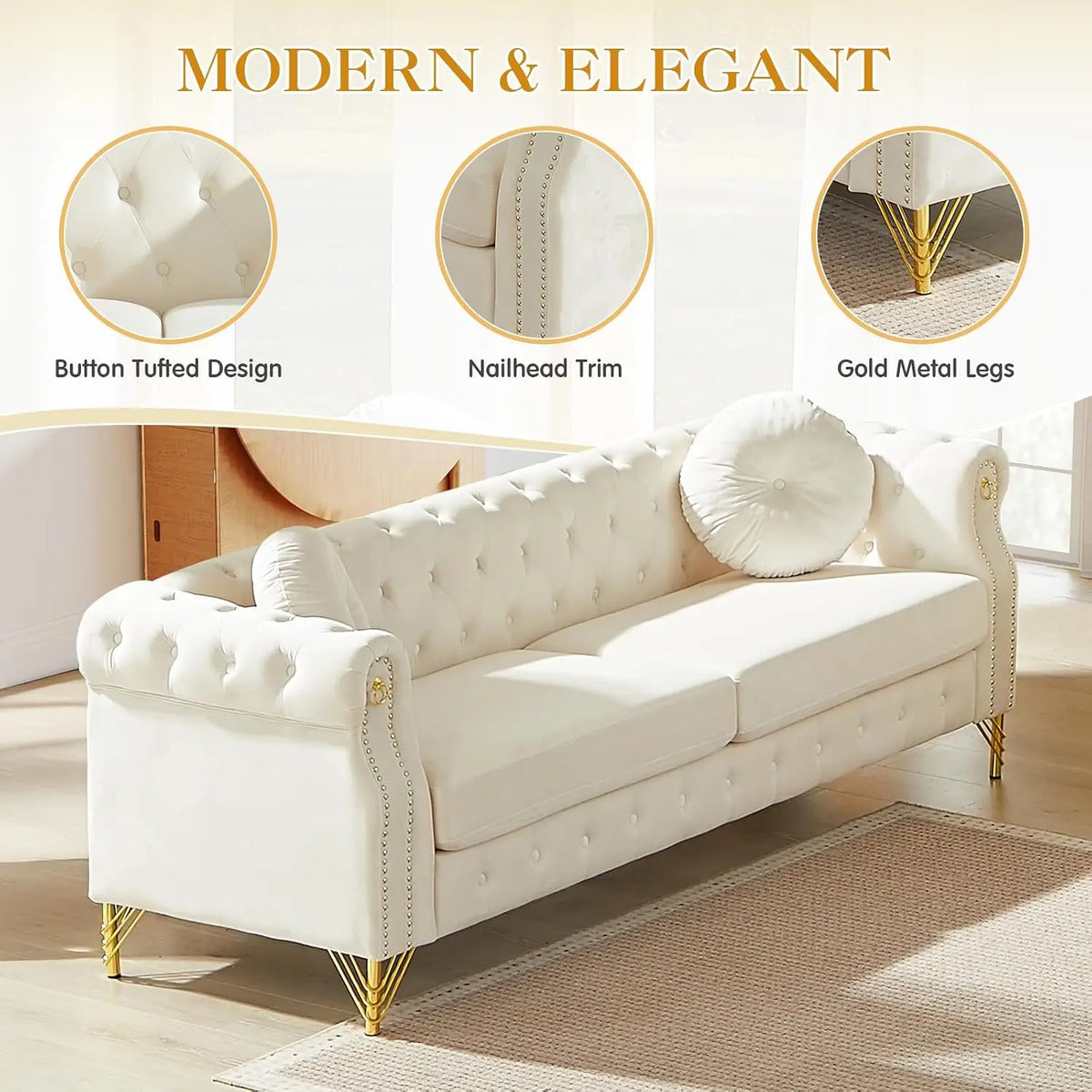 Sofa, Tufted Velvet Nailhead Trim Gold Legs, 3-Seater Deep Seat Living Room Bedroom Office 82" Beige, Customized