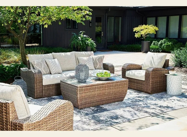 Outdoor PE Rattan Sofa Table Set, Waterproof Sun‑Resistant Patio Furniture for Garden, Balcony and Backyard Leisure Use