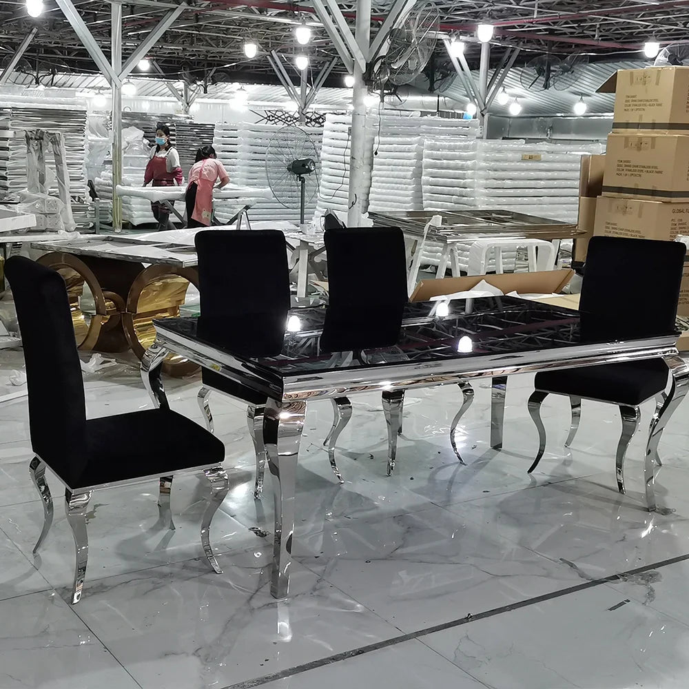 ！@Wholesale Luxury Dinning Table Set With Grey Solid Marble Top and 6 Grey Knocker Chairs Stainless Steel Chrome Dining Table