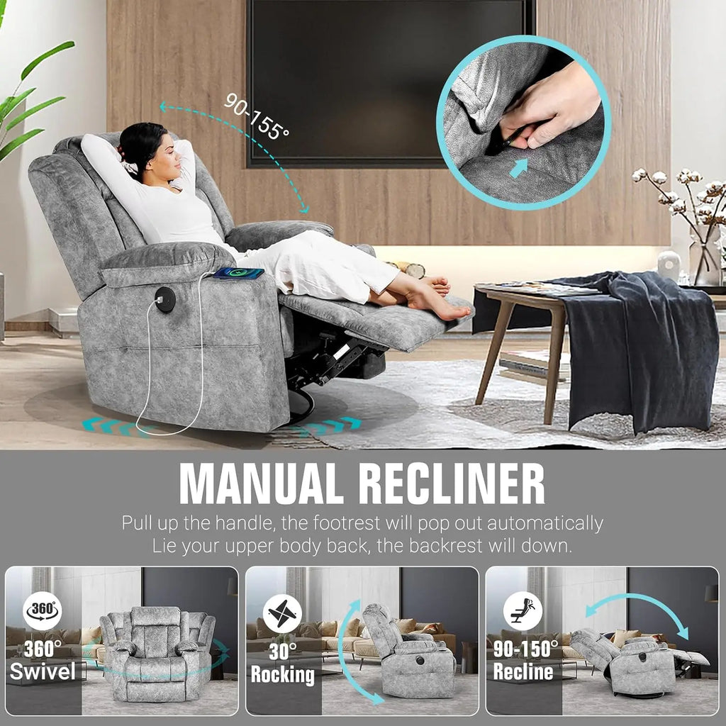 Retro Rocking Recliner Chair, Massage Rocker Recliner Chair with Vibration Massage and Heat, USB and Type-C, Customized