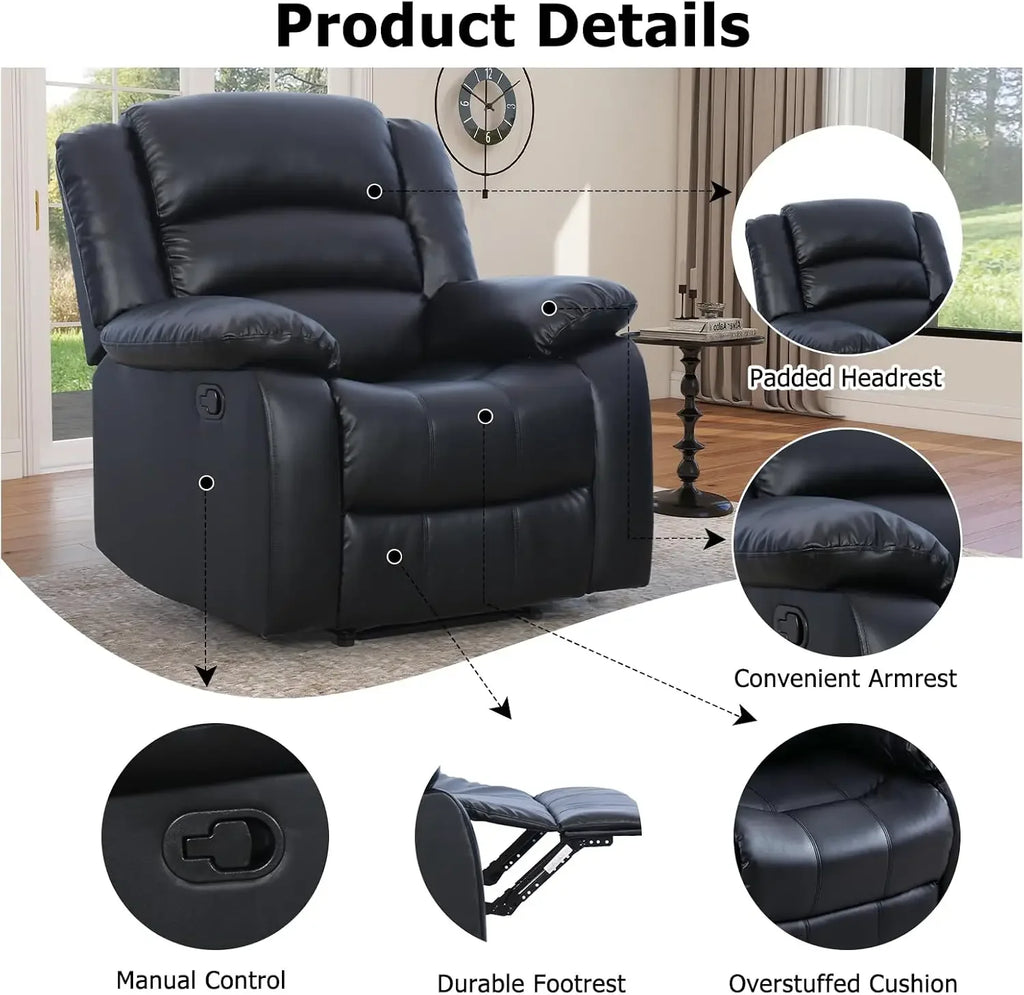Classic Manual Recliner Chair, Faux Leather Recliner Sofa with Overstuffed Arms and Back Single Reclining Couch for Living