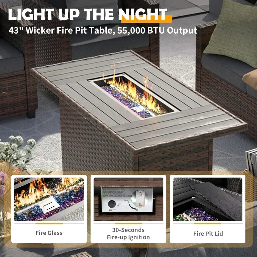 US Shipping Outdoor Patio Furniture Set with Fire Pit Table 6 Piece Sectional Conversation Set All Weather Wicker Rattan Sofa