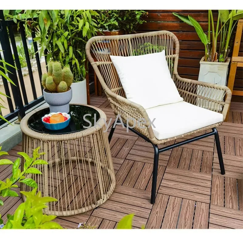 Modern 3-Piece 2-Seater Comfortable Metal Frame Rattan Wicker Chair and Table Set  For Outdoor Balcony Courtyard Apartment Patio