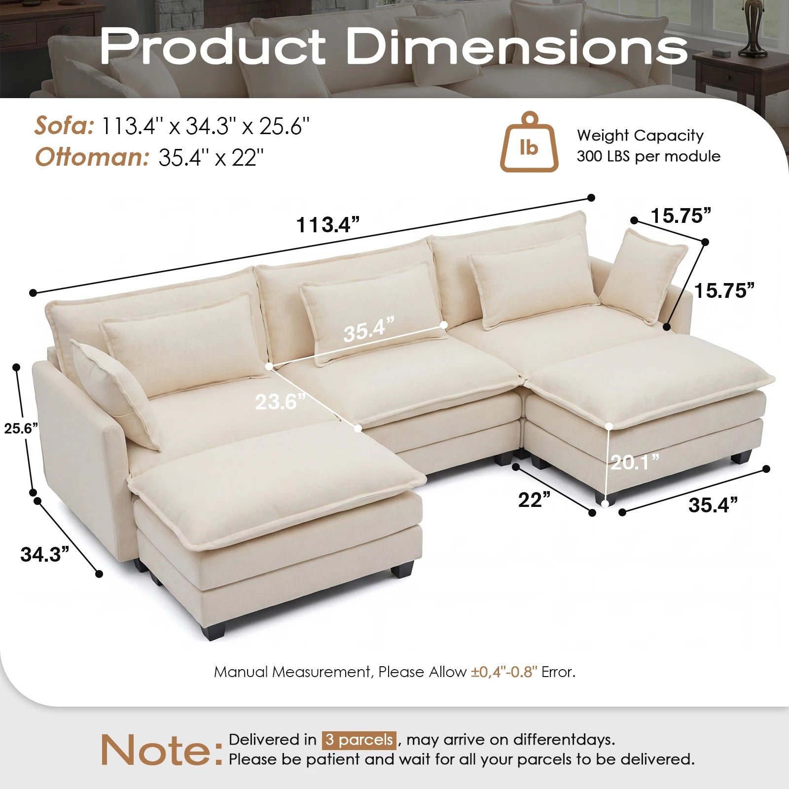 Redlife 113.4" Modular Sectional Sofa with Ottoman, Comfy Cloud Couch with Deep Seat (23.6" D), Solid Wood Frame,for Living Room