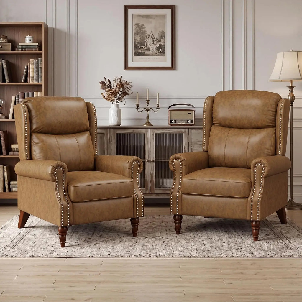 Pushback Recliner Chair Set of 2, Faux Leather/Chenille Wingback Accent Armchair