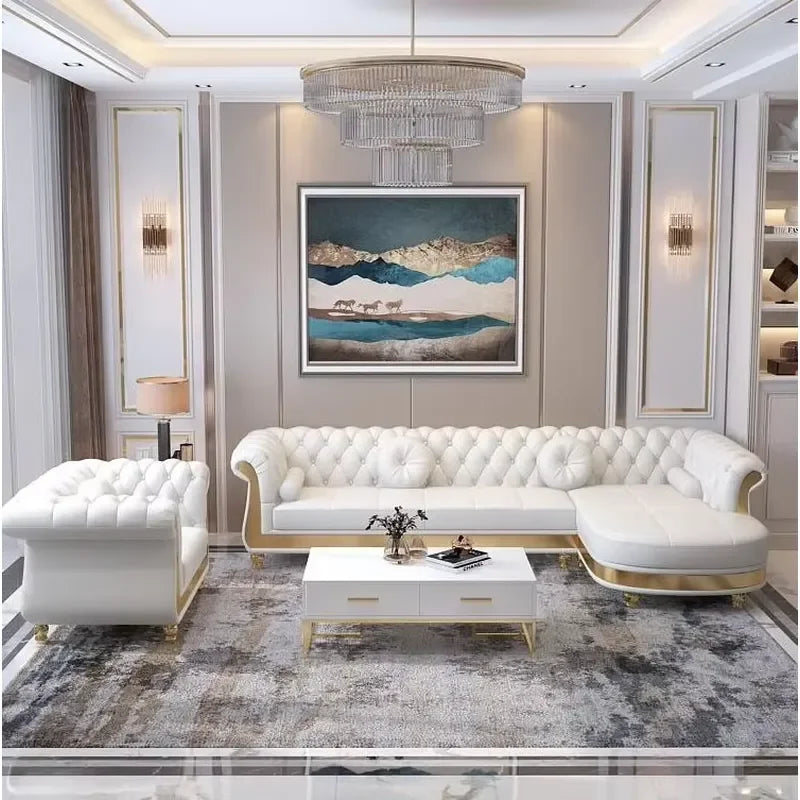 High Quality Italian Leather Modular Sofa Set White Villa Sofa for Living Room & Hotel Genuine Leather Furniture