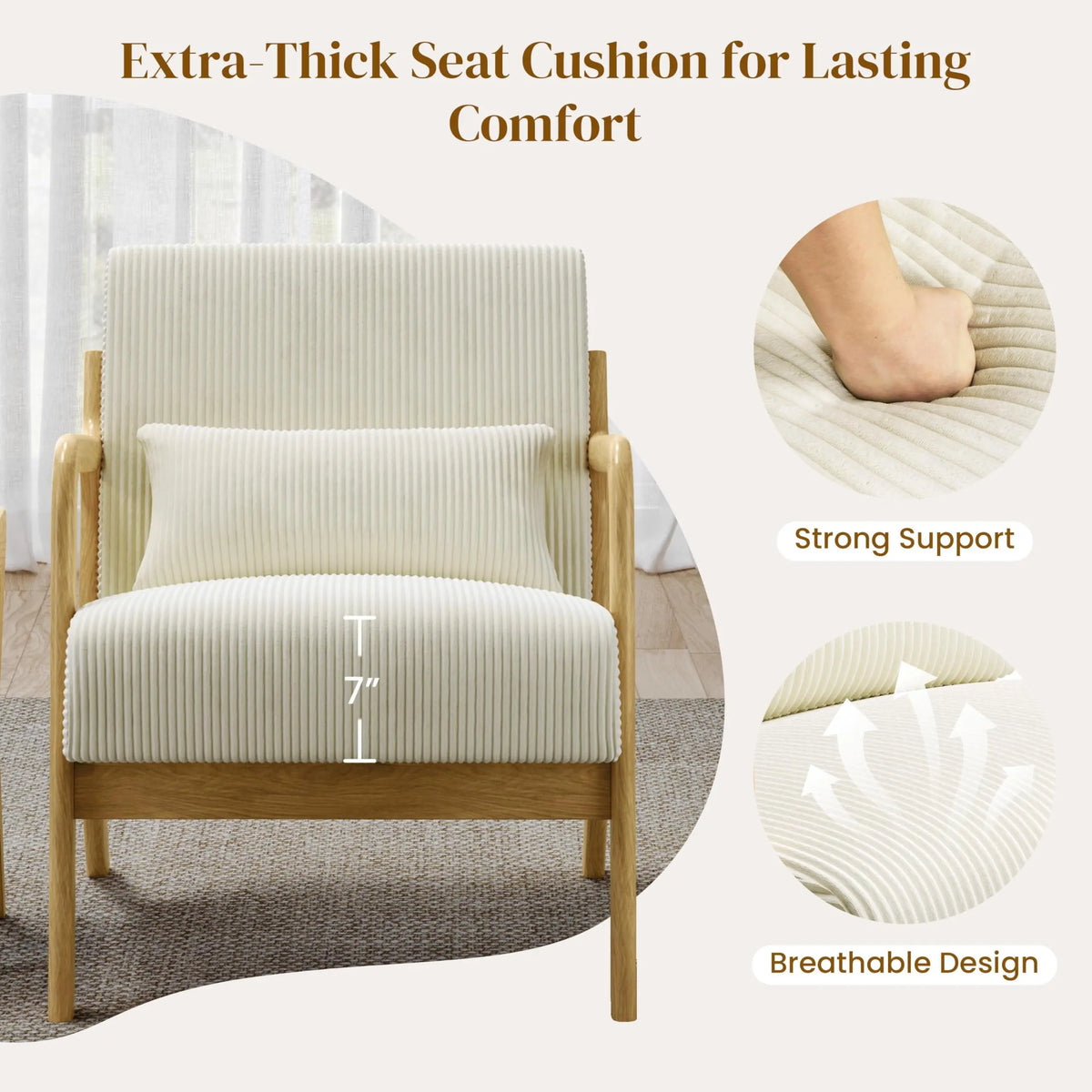 Accent Chair for Living Room, Corduroy Mid Century Modern Reading Armchairs with Lumbar Pillow for Bedroom, Decorative