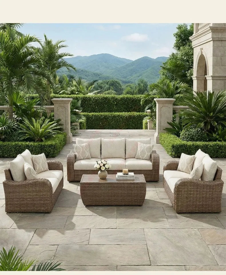 Outdoor PE Rattan Sofa Table Set, Waterproof Sun‑Resistant Patio Furniture for Garden, Balcony and Backyard Leisure Use