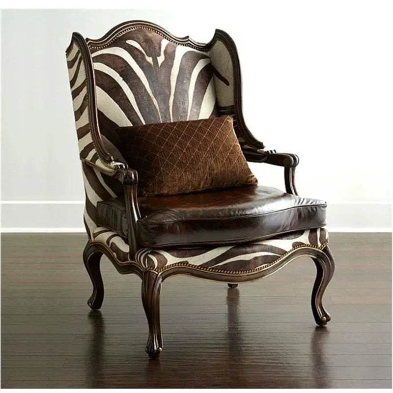European retro living room fabric sofa leisure chair American solid wood leather sofa tiger chair, single high back chair
