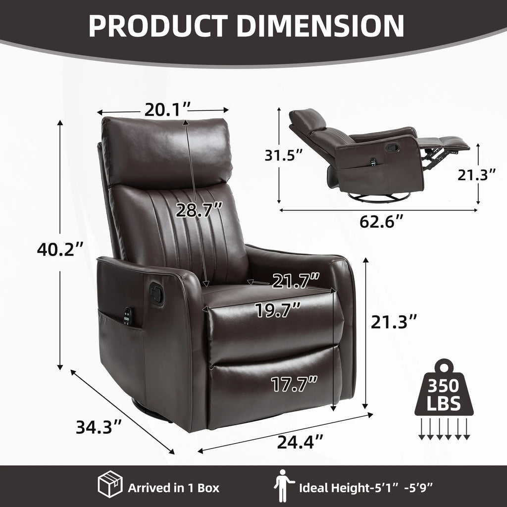 Manual Recliner Chair with Heat & Massage, Brown Faux Leather Rocker Swivel Accent Chair for Living Room