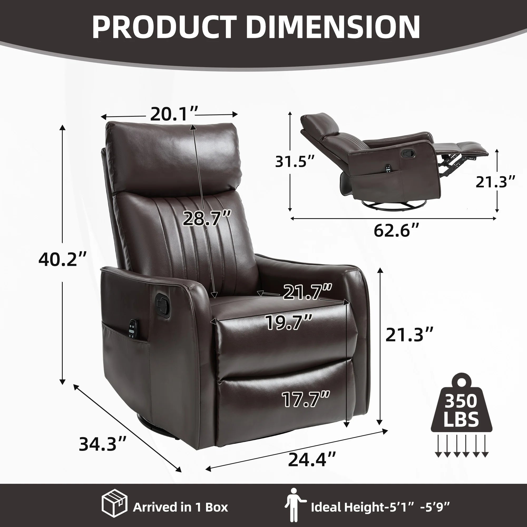 Manual Recliner Chair with Heat & Massage, Brown Faux Leather Rocker Swivel Accent Chair for Living Room