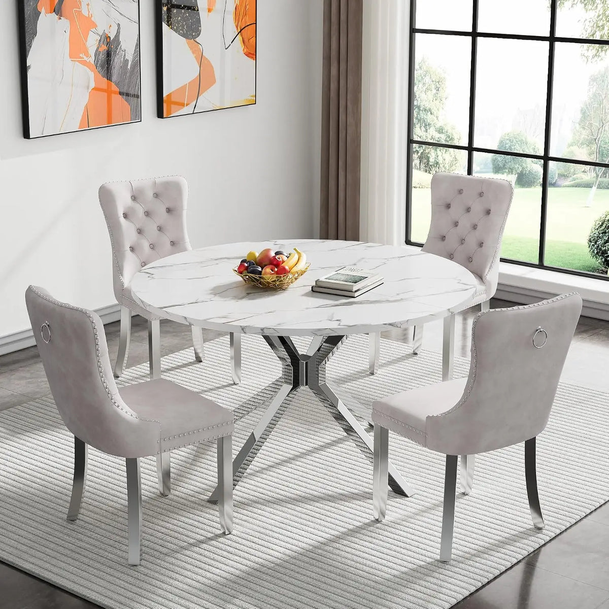 4-Seat Round Dining Table Set, 47" White Faux Marble Table with 4 Beige Velvet Tufted Chairs, Gold Stainless Steel, Customized