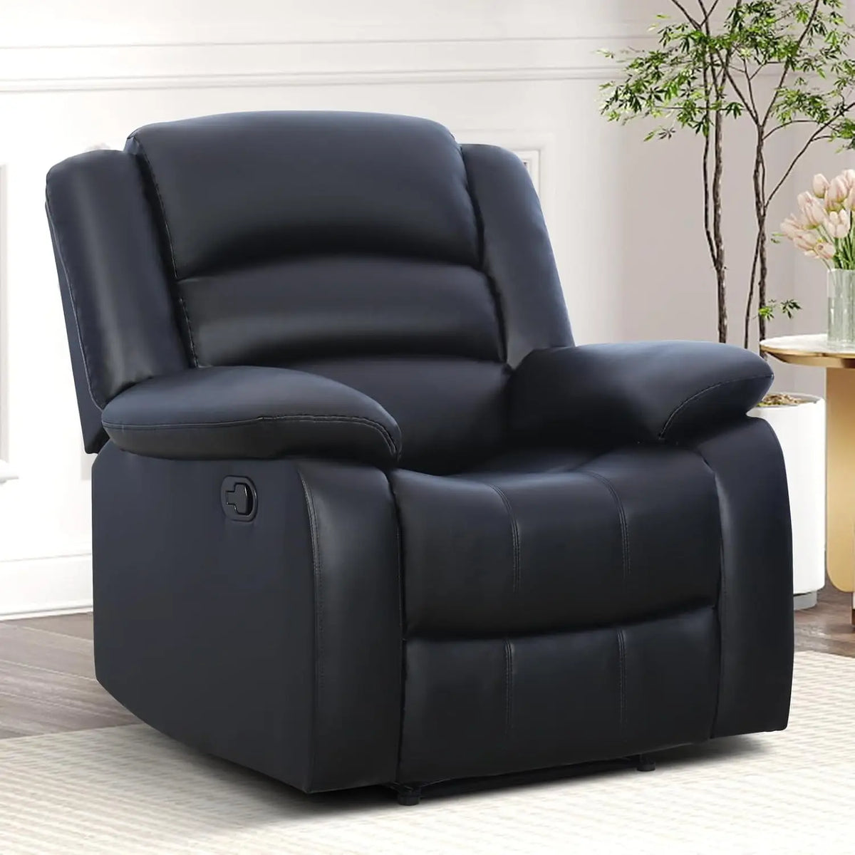 Manual Recliner Chair, Faux Leather Overstuffed Arm & Back Classic Single Sofa for Living Room & Bedroom, Black, Customized