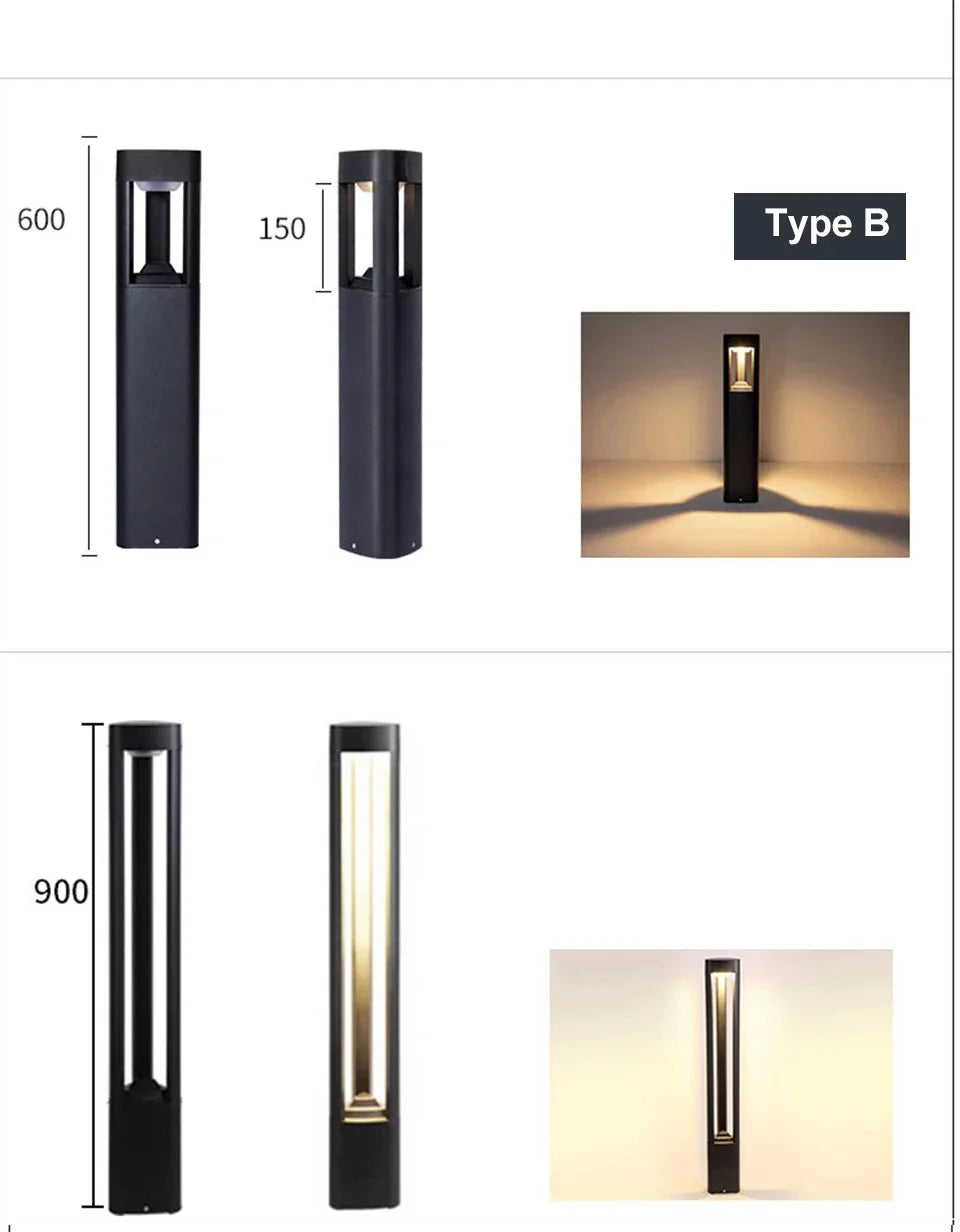Outdoor LED Bollard Landscape Light Black Garden Pathway Lighting Fixtures Floor Lawn Lamp for Pillar Driveway Patio Yard Decora