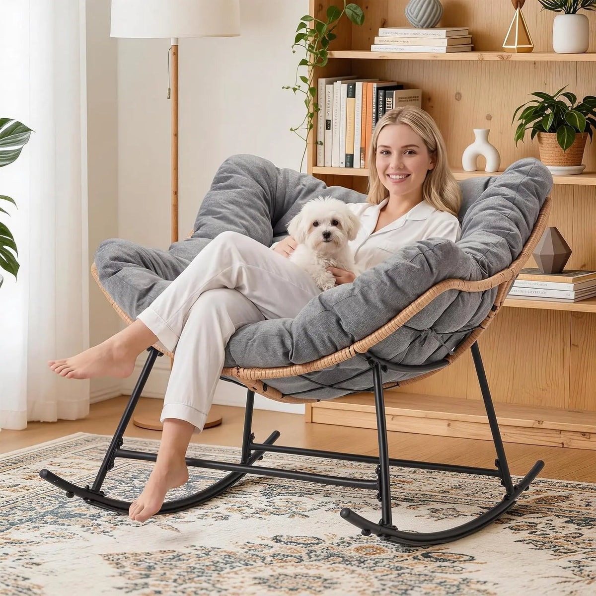 Thick Cushion Rattan Rocking Egg Chair with Straps for Patio Garden Balcony Lawn Backyard Living Room Bedroom 450lbs, Customized