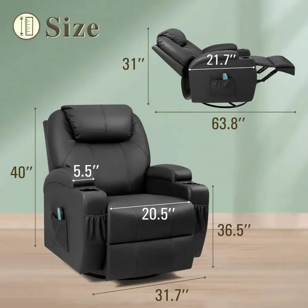 2023 New Swivel Rocker Recliner with Massage and Heating Functions, Sofa Chair with Remote Control and Two Cup Holders
